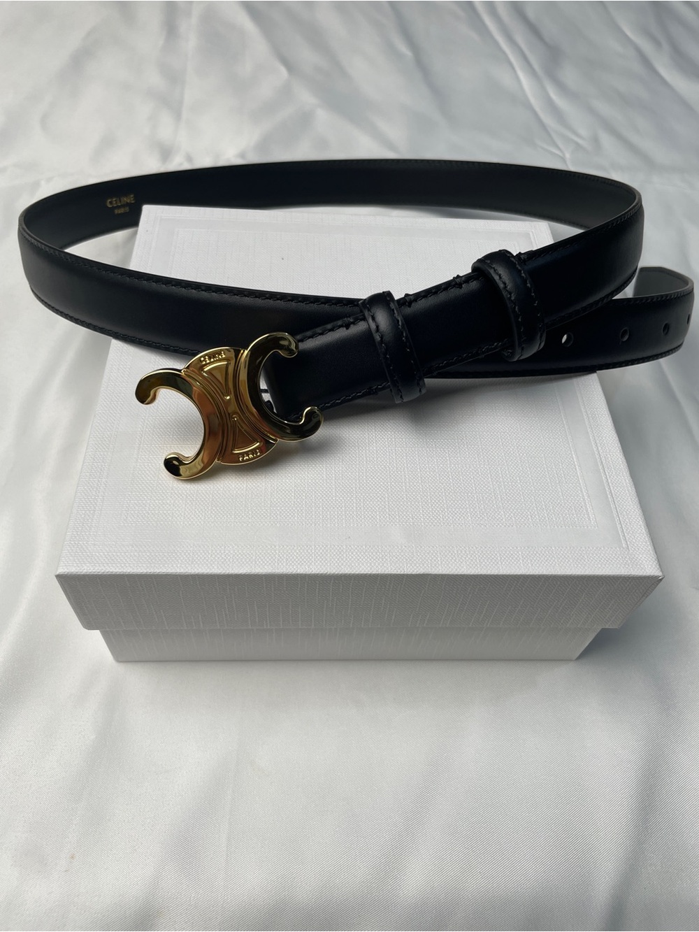 Authentic Celine Black Leather Belt with Gold Triumphs Buckle